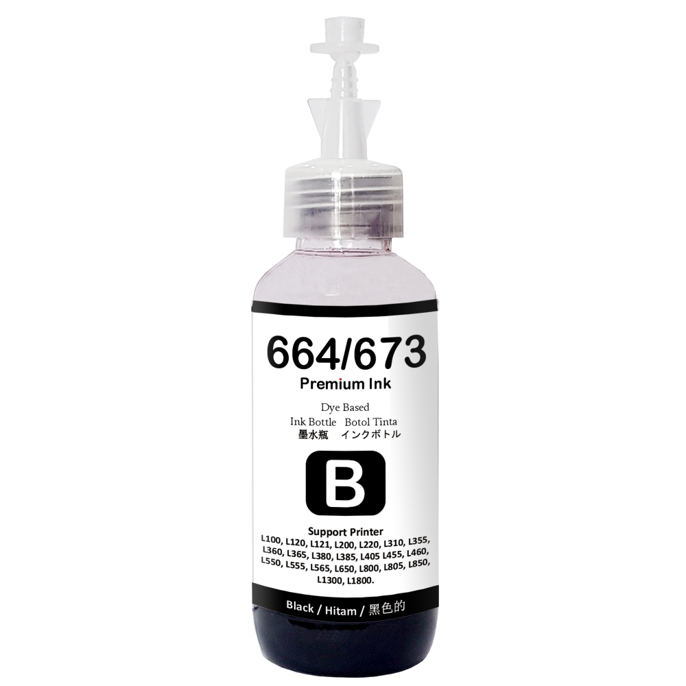 Tinta Premium Dye Base 664/673 Black 100ml Refill Printer EP L110 L120 L210 L220 L300 L310 L350 L355 L360 L365 L380 L405 L455 L485 L550 L555 L565 L100 L200 Compatible